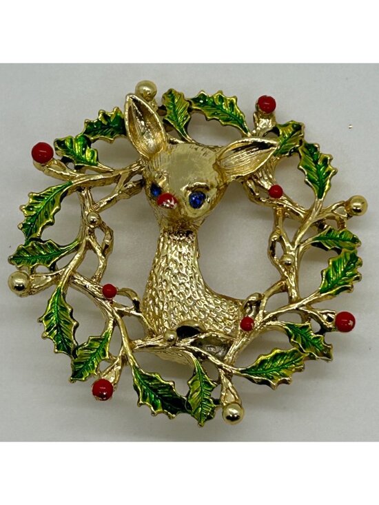 Gerry’s Jewelry - Vintage Christmas Reindeer Wreath Brooch Pin Gold Tone Enamel Rhinestone Holiday